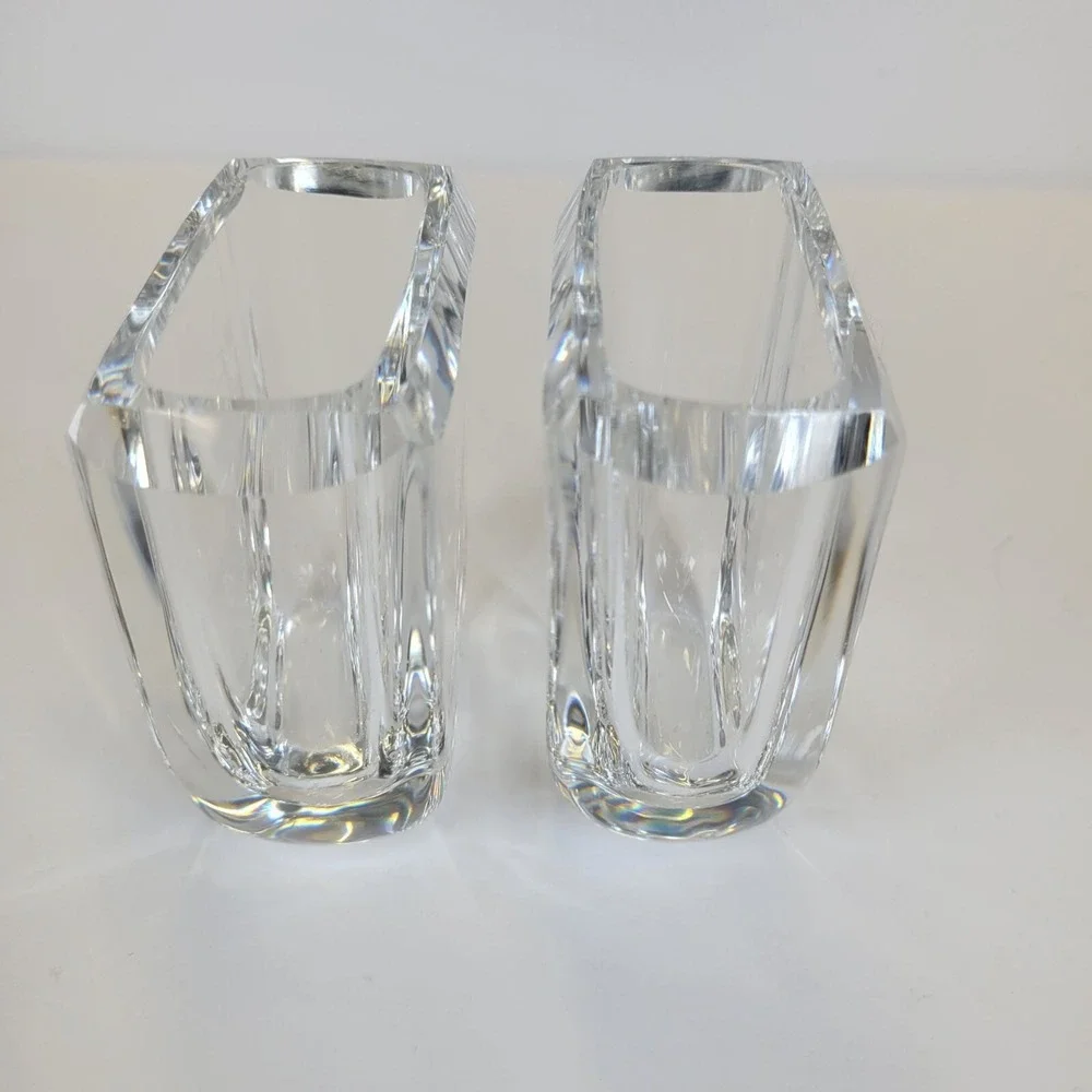 Vtg MCM Skruf Sweden Lead Crystal Pair of 2 Vases Vanity Organizers Signed 3.5